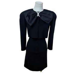 Vintage Oscar De La Renta  Black Satin Bow Long Sleeve Cocktail Dress Size 4